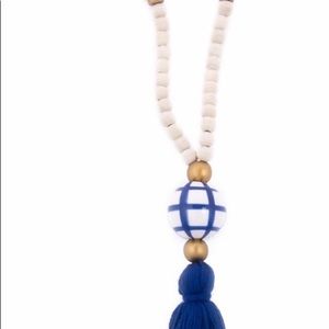 Spring Blue ceramic ball, tassel & bead necklace.